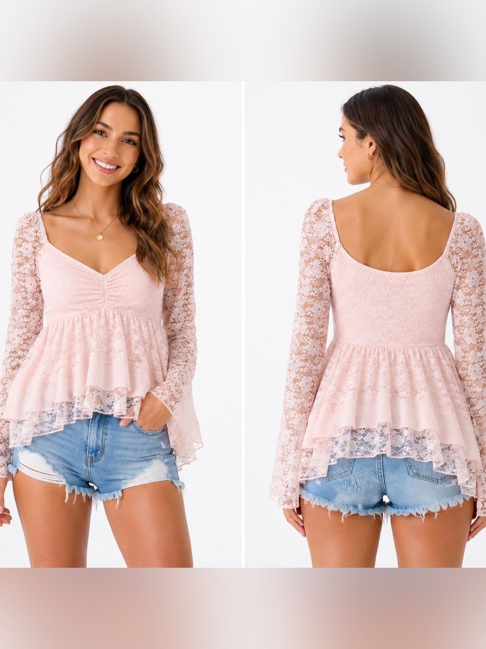 Altar'd State Pink Lace Ruffled Long Sleeve Top Womens XS